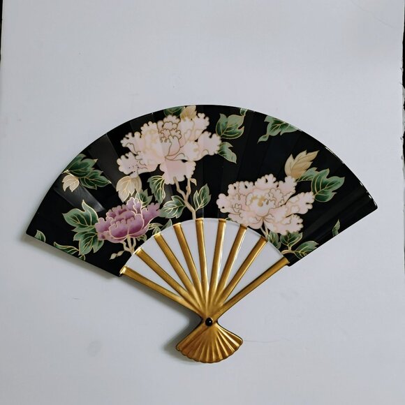 Fitz & Floyd Cloisonne Peony Black Porcelain Plate Fan Shaped Japan Ceramic Gold - Picture 2 of 9